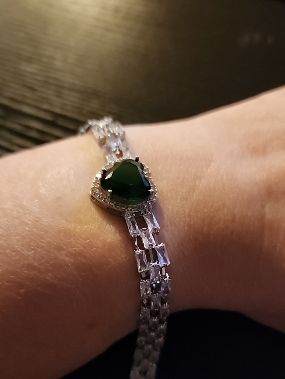 Silver-Tone & Clear Crystal Bracelet with Heart-Shaped Emerald Green Stone